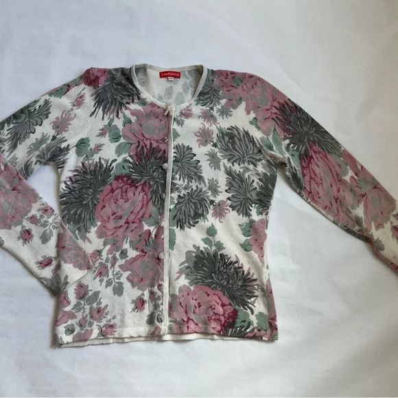 WOMEN'S VINTAGE Cashmere ANGORA Floral Long Sleeve CARDIGAN M - Picture 4 of 9